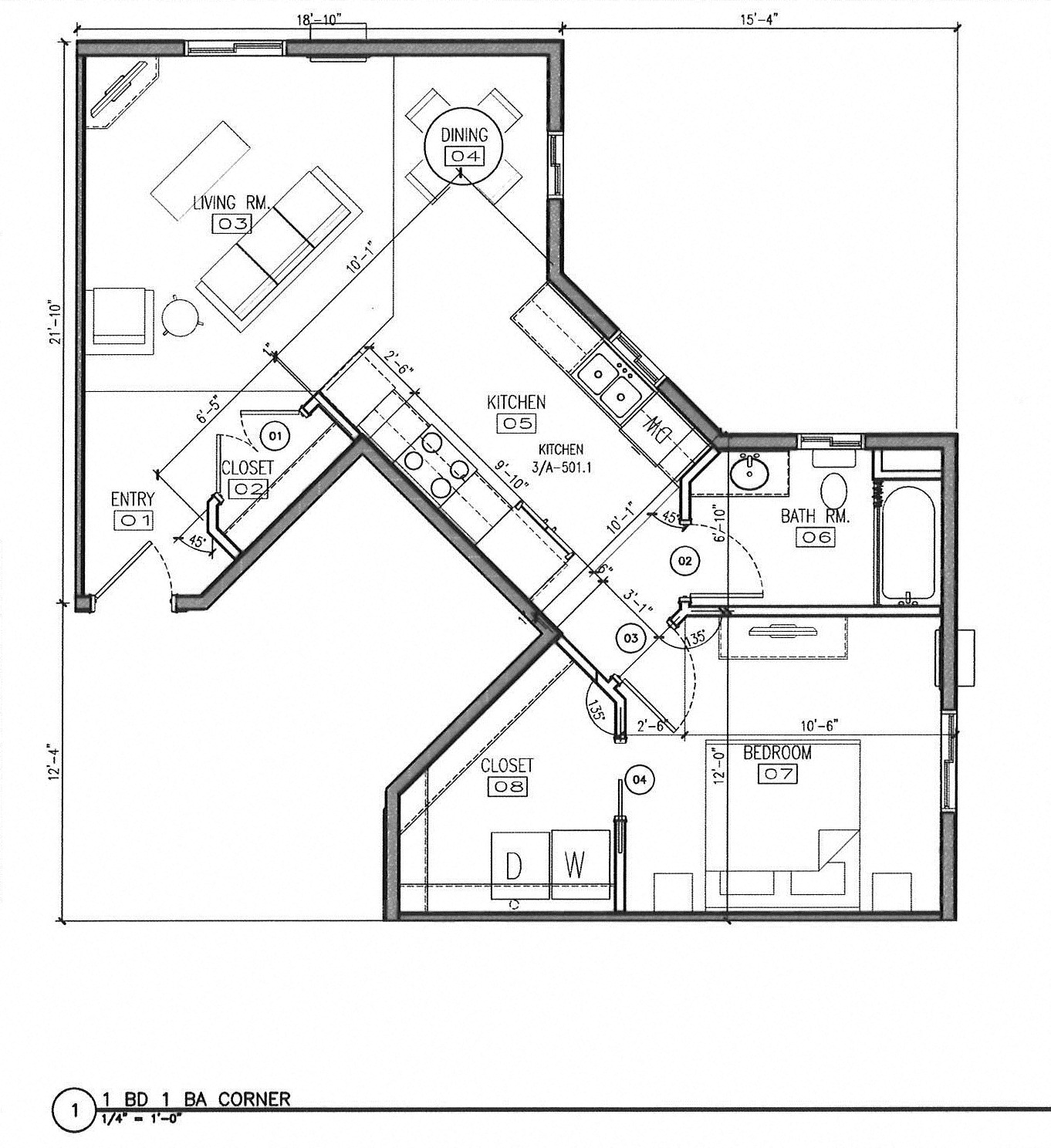Floor plan for 1 bed, 1 bath, 746 sqft